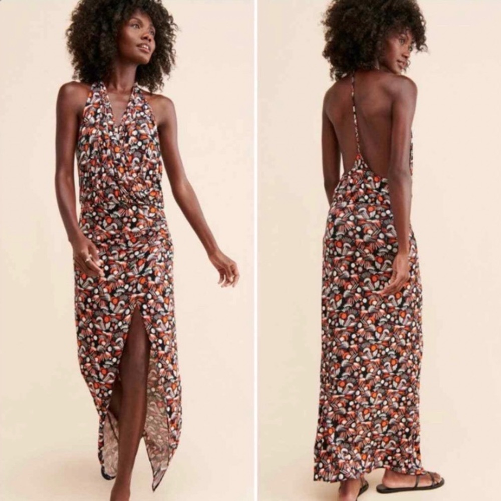 Free People Daria Printed Halter Maxi Dress in Orange & Black Size XL
